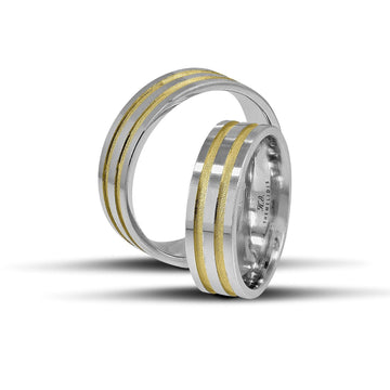 Δίχρωμες βέρες γάμου 6 mm, λευκόχρυσες λουστρέ με ματ χρυσές γραμμές, minimal σχέδιο, χειροποίητες σε 9, 14, 18 ή 22 καράτια.